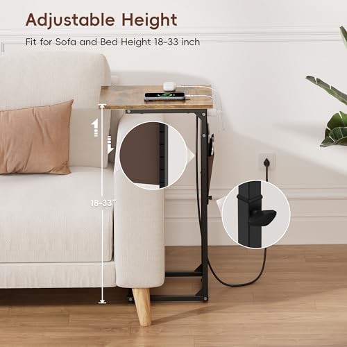 C Shaped End Table with Charging Station, Adjustable Rustic Brown With Plug
