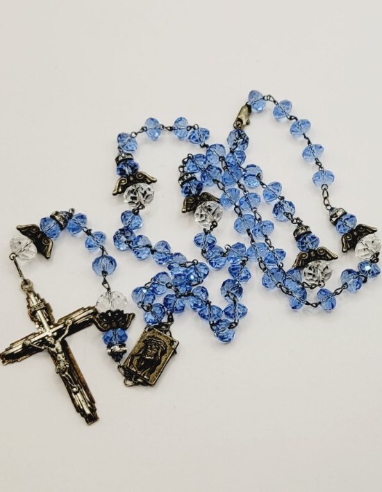 Blue & White Crystal Beaded Angel Rosary INRI Cross Crucifix † 20"