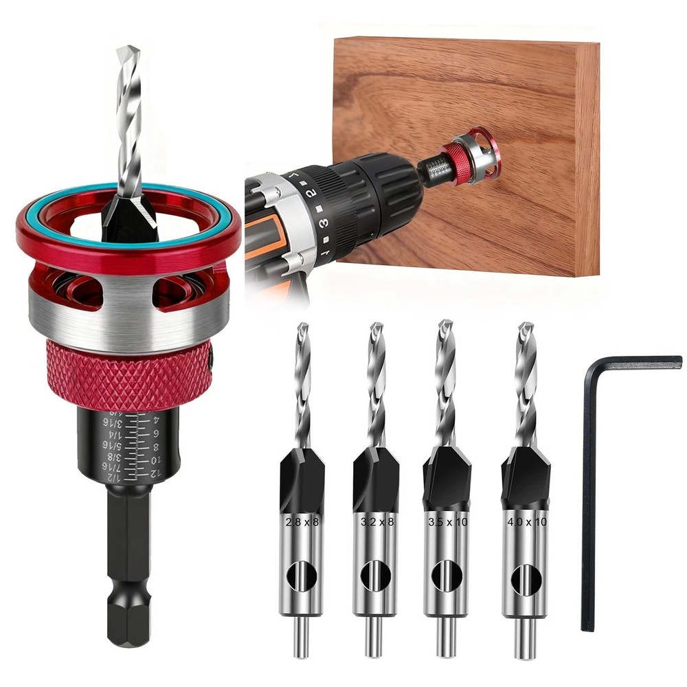 4PCS Countersink Drill Bit Set with Adjustable Depth Stop M2 HSS Woodworking Bit
