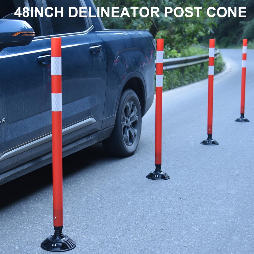 8 Pack 48 Inch Red Delineator Post Traffic Cones with Fixable Base