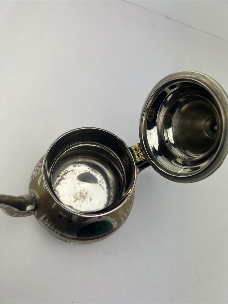 Vintage Ornate Small Middle Eastern Brass & Silver Tea Pot
