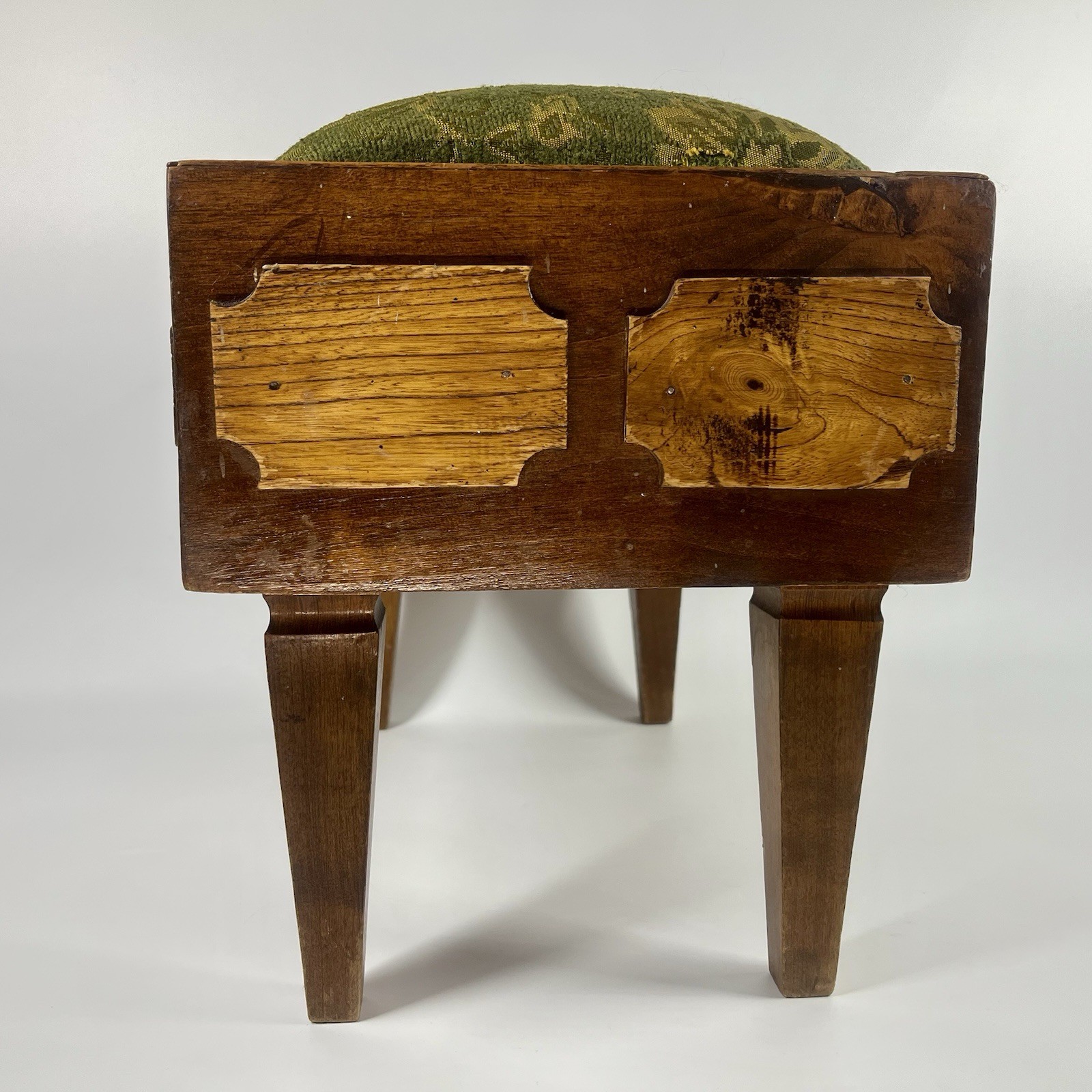 Antique Mission Style Arts & Crafts Wood Foot Stool w/ Green Damask Fabric Top