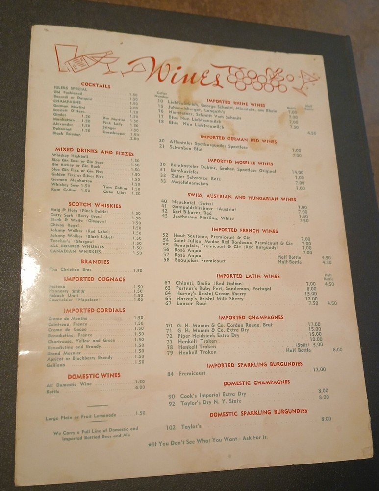 MATH IGLER'S CASINO Chicago MENU Signed Autographed
