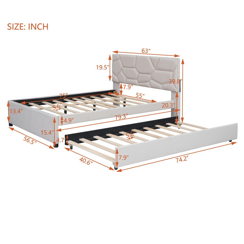 Full/Queen Size Bed Frame Upholstered Platform Bed with Headboard Beige/Gray
