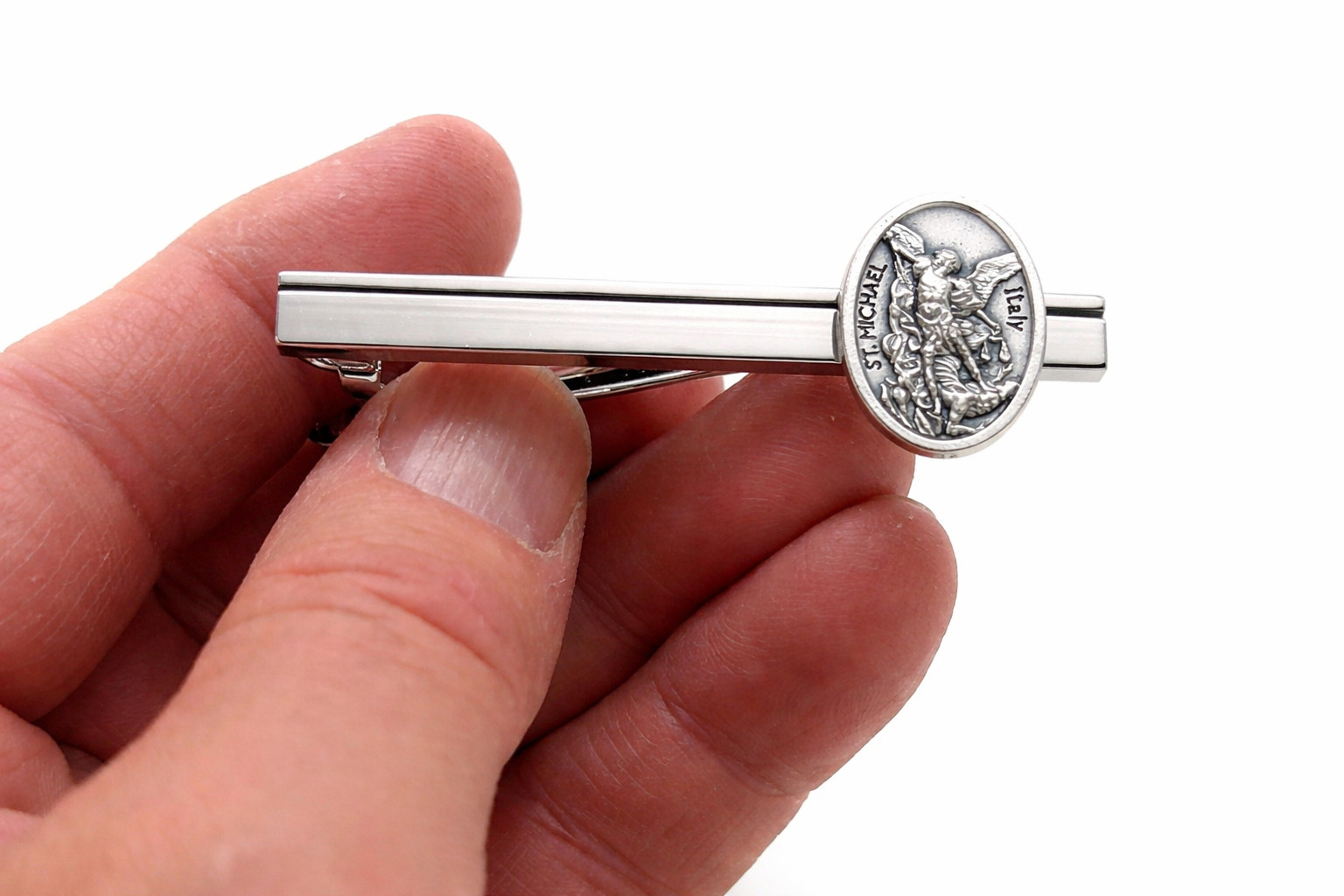 Saint Michael Silver Tie Clip Archangel Michael Religious Tie Bar for Men Italy
