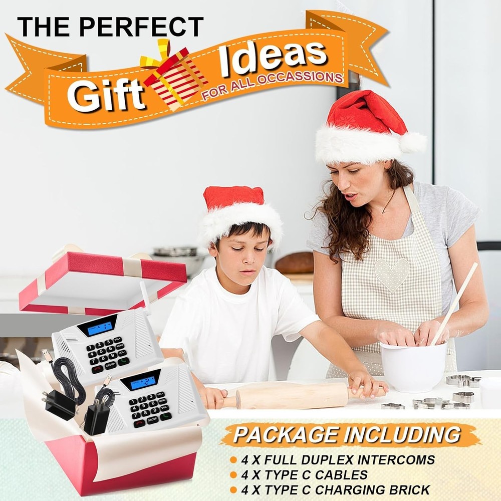 Wireless Home Intercom System 4 Pack Long Range Hands Free Two Way