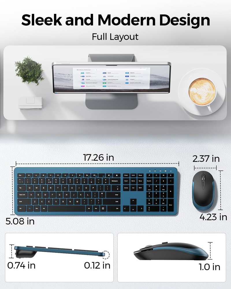 Wireless Keyboard Mouse Combo Full Size Slim 2.4G Numeric Keypad Black Blue