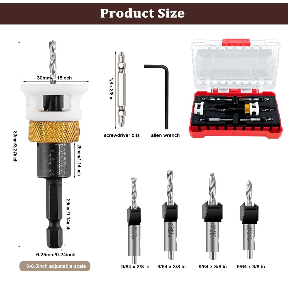 Carbide-Tipped Countersink Drill Bit Set with Depth Stop – 5pc Replaceable Bi...
