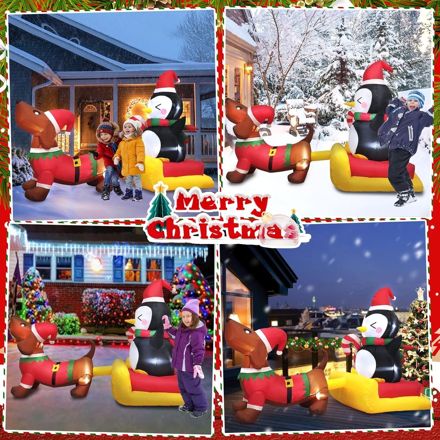 Festive 6 FT Inflatable Dog Sleigh with Penguin - LED Illuminated Holiday Charm