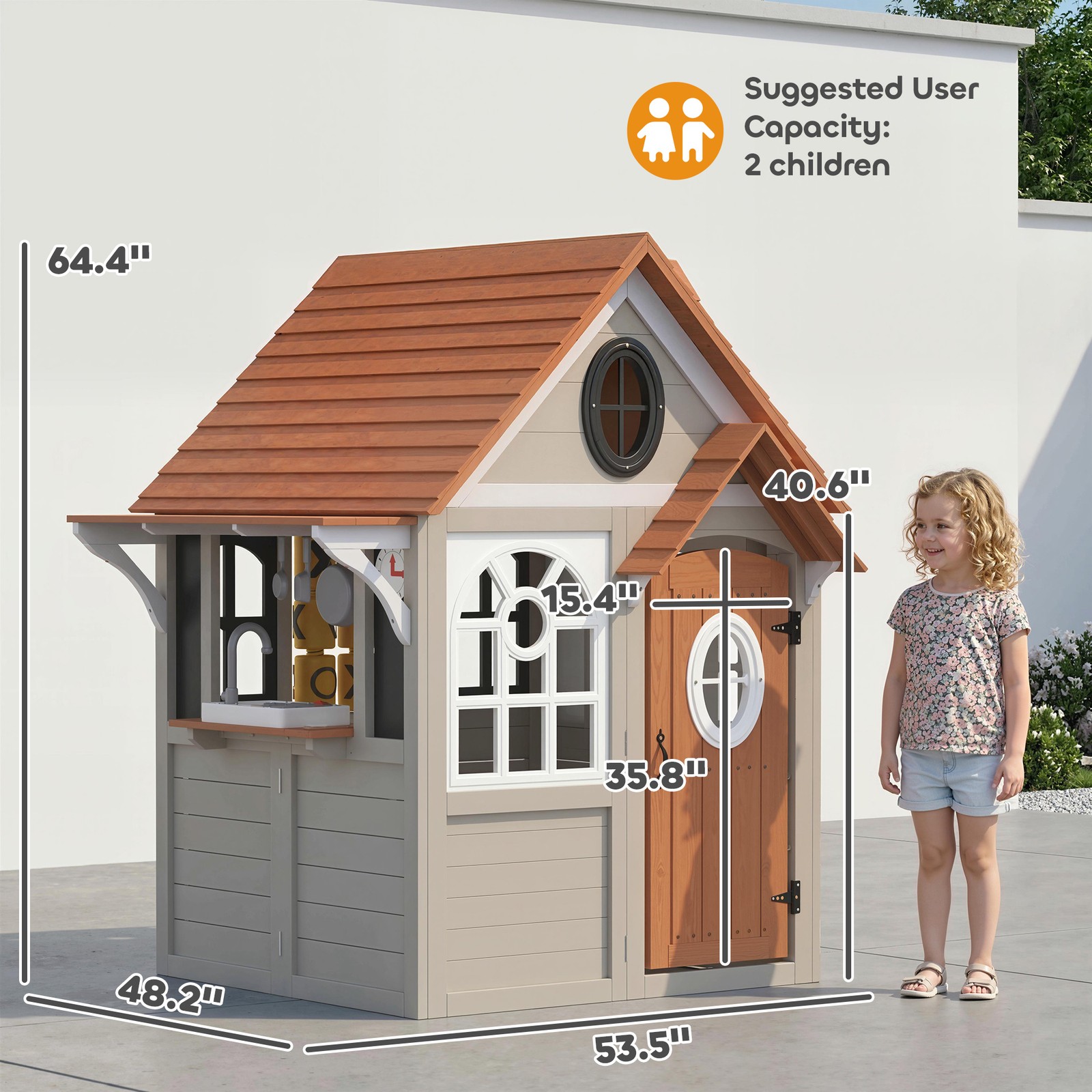 Qaba Outdoor Wooden Playhouse with Dog Door, Cookware, Blackboard, Clock