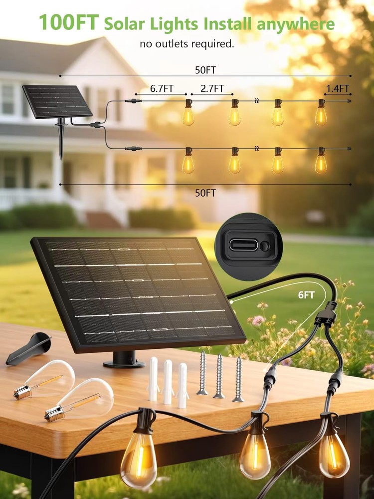 100FT Solar String Lights Outdoor Waterproof 2200K with Remote & USB Charging...