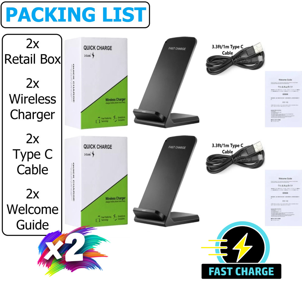 2 Pack Wireless Fast Charger Stand Dock Cradle for Apple iPhone Samsung Galaxy