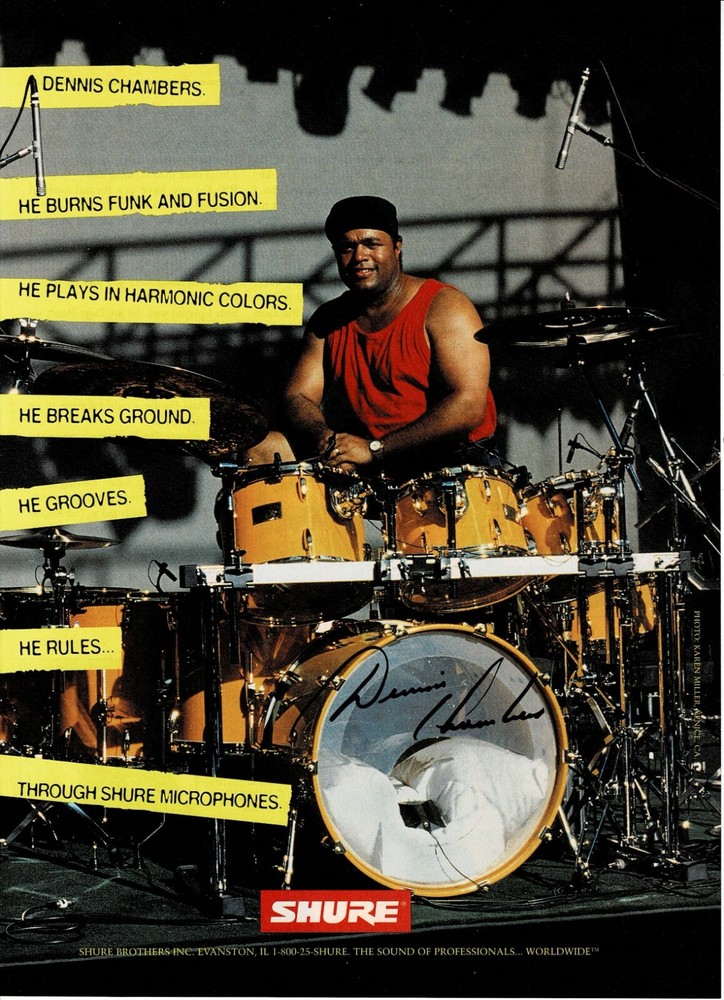 SHURE MICS - DENNIS CHAMBERS - 1995 Print Advertisement