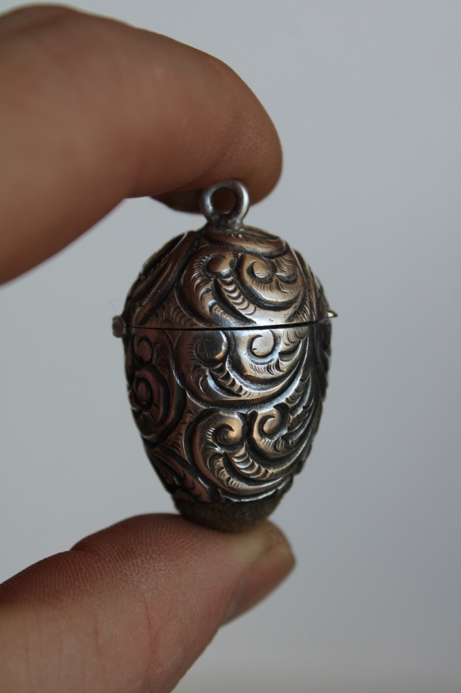 Antique Sterling Silver Repousse Sewing Chatelaine Egg Thimble Case & Pincushion