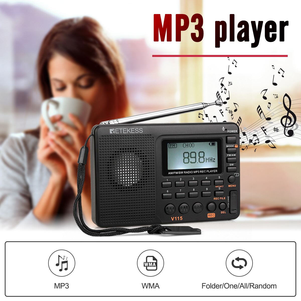 Retekess V115 Portable AM/FM/SW Radio Receiver MP3 Player Rechargeable Home Gift