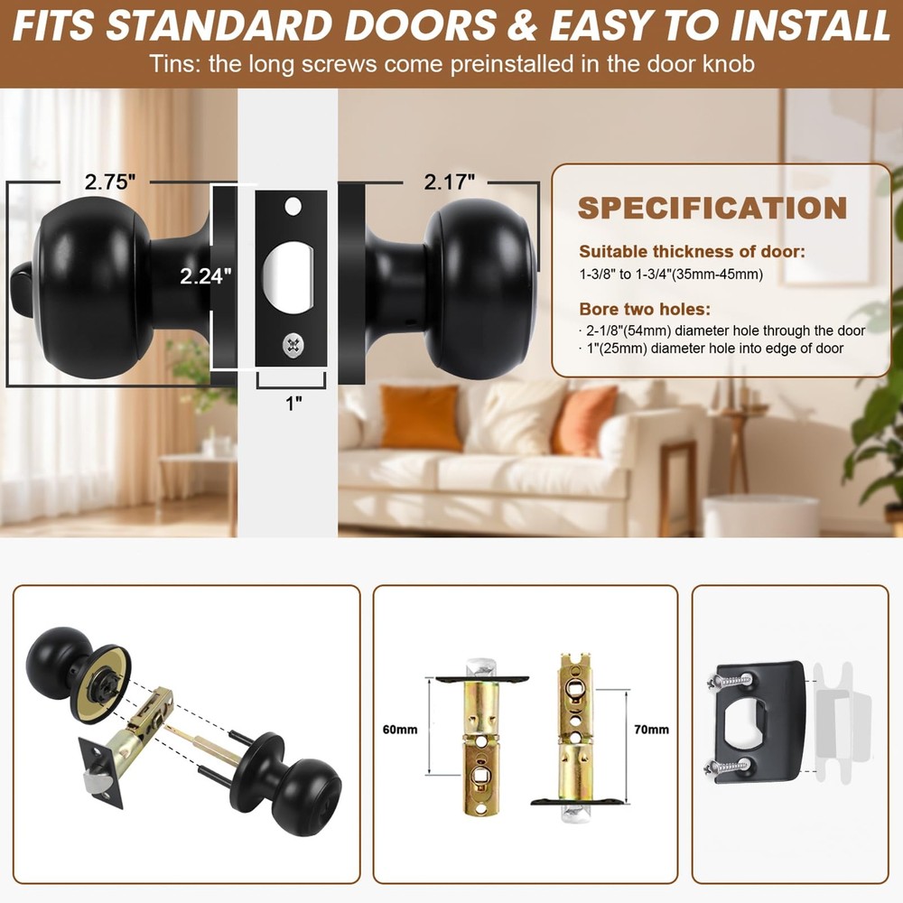 RAZCC Privacy Door Knobs, 6 Pack Matte Black Knobs with 6 Pack,