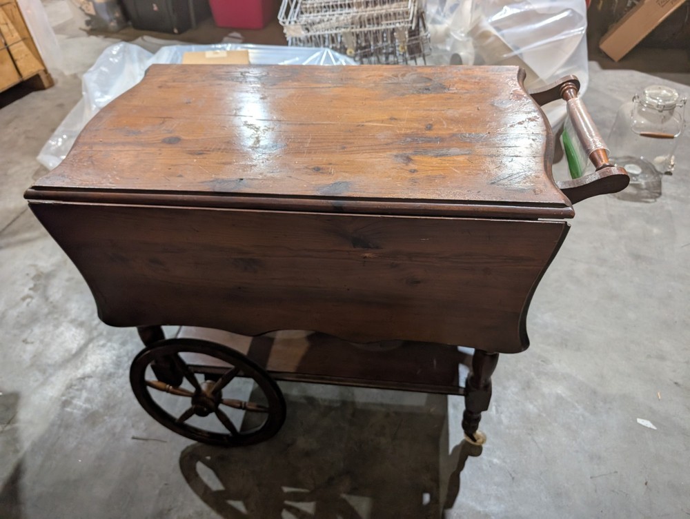 1960'S Solid Maple Drop Leaf Tea Cart Retractable Handle Drawer Rubber Tread