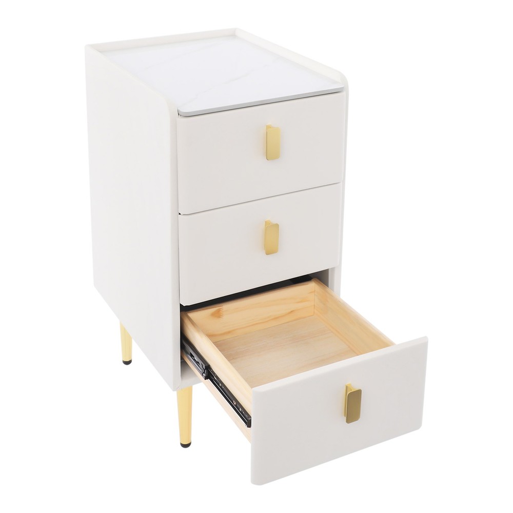 3 Drawer Narrow Side Table - Leather & Wood, Titanium-plated, Rectangular Modern