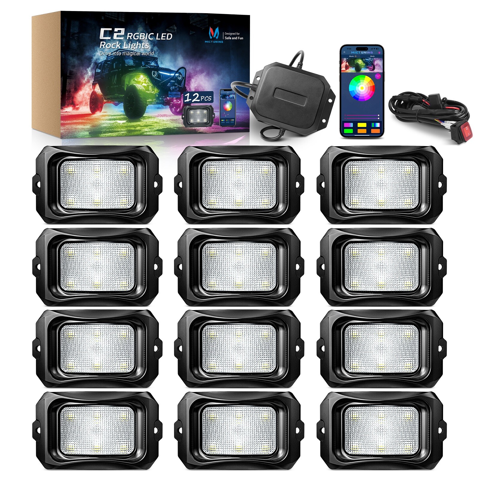 MICTUNING C2 Max RGB+IC LED Rock Lights, Upgrade 12 Pods Chasing Neon Lights Kit