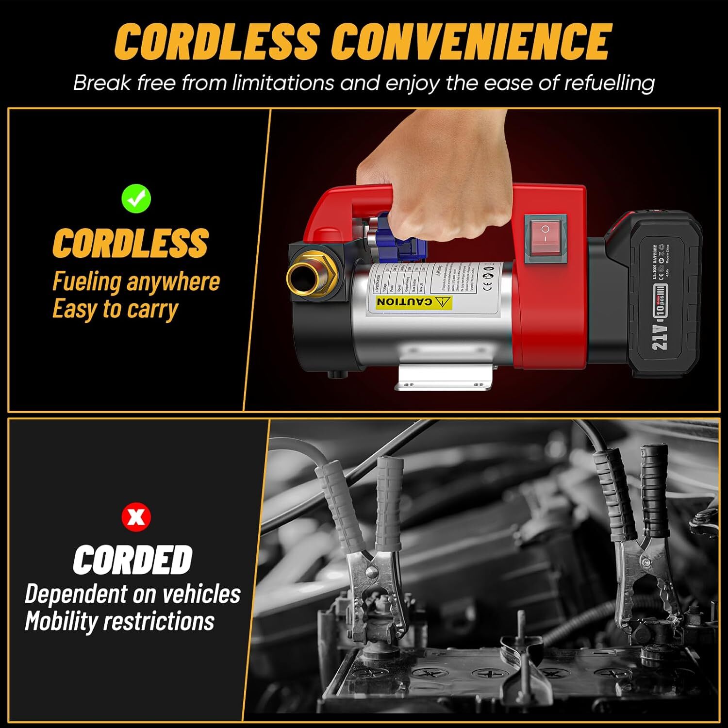 Cordless Electric Fuel Transfer Pump with Nozzle & Hoses Kit 12GPM 4.0Ah Battery