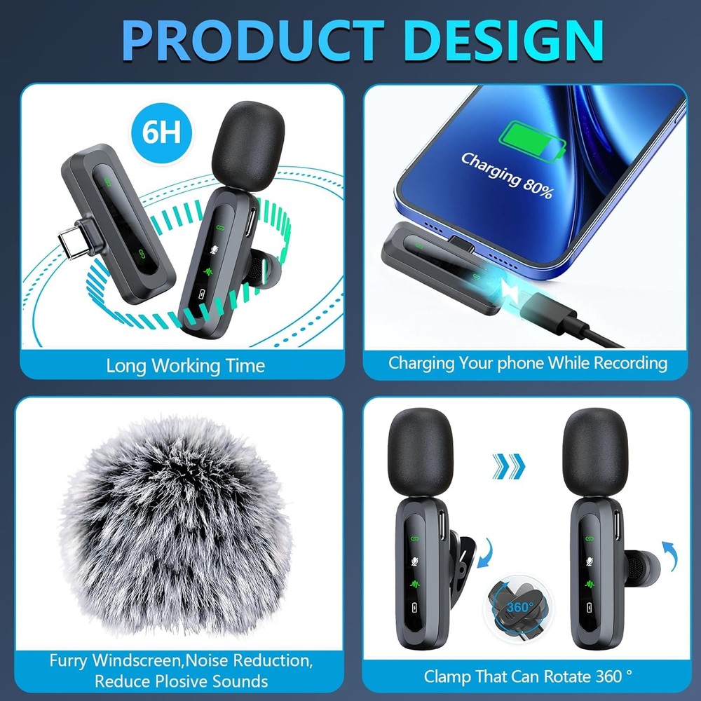 Wireless Microphone Mini Mic for iPhone/Android Phone, LED Display Lavalier Micr