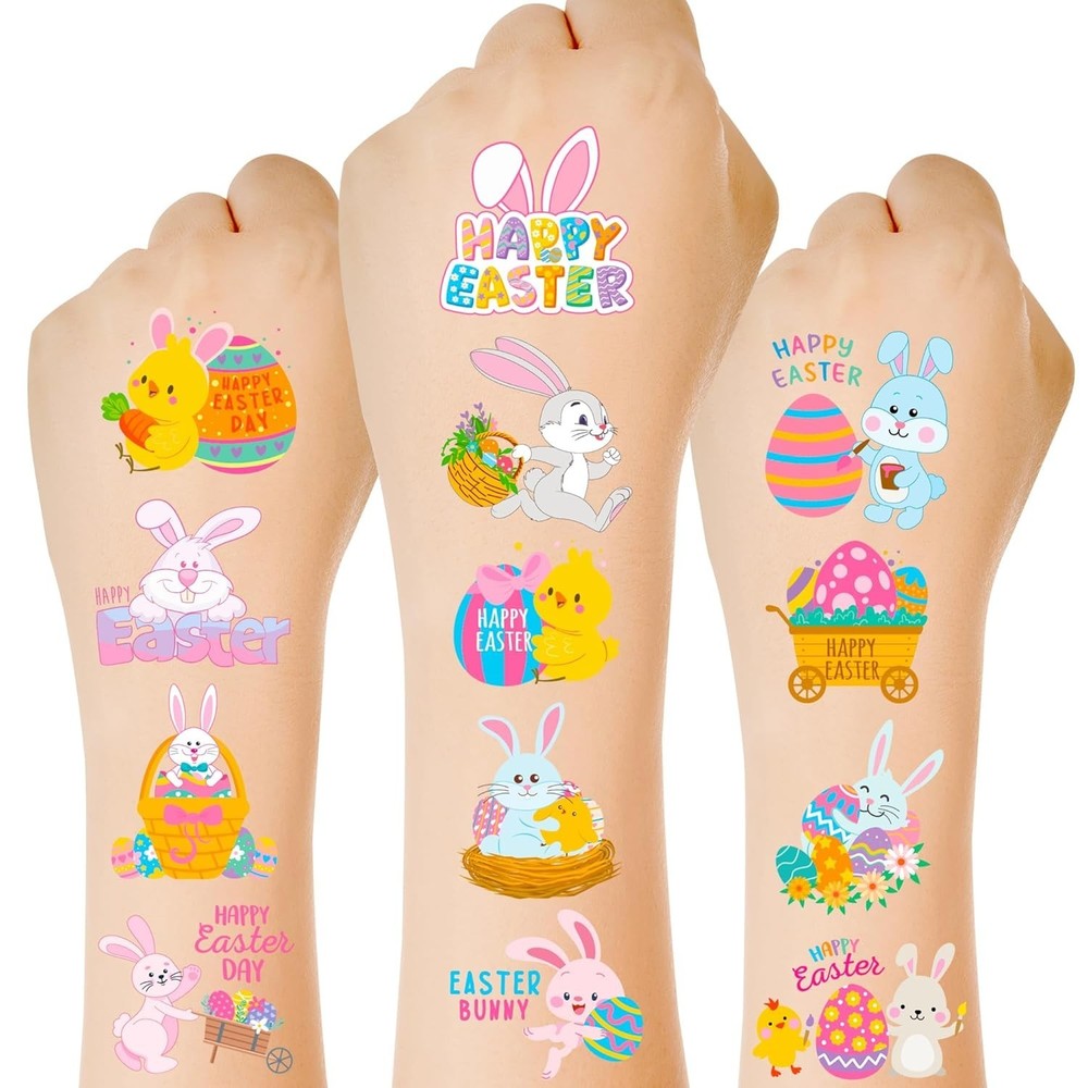 150 PCS Easter Tattoos, 6 Sheets Spring Basket Stuffers Fake Tattoos with Bun...