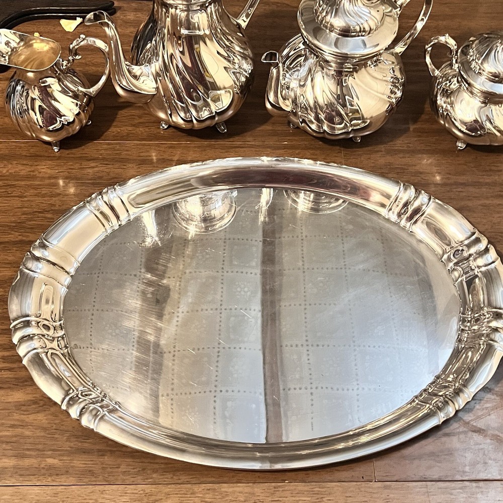 WMF Silver plate Coffee Tea Set 5pc with Tray 18in Swirl Pattern Germany