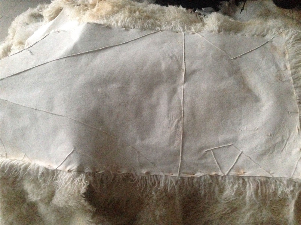 Real Mongolian Fur Throw Tibetan Lambskin Beige Snowtop Fur Rug Plate GenuineHid