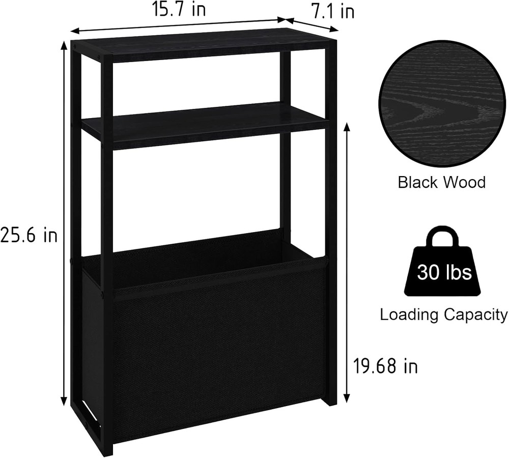 Black Side Table, Slim Side Table with Magazine Rack, Bathroom Table