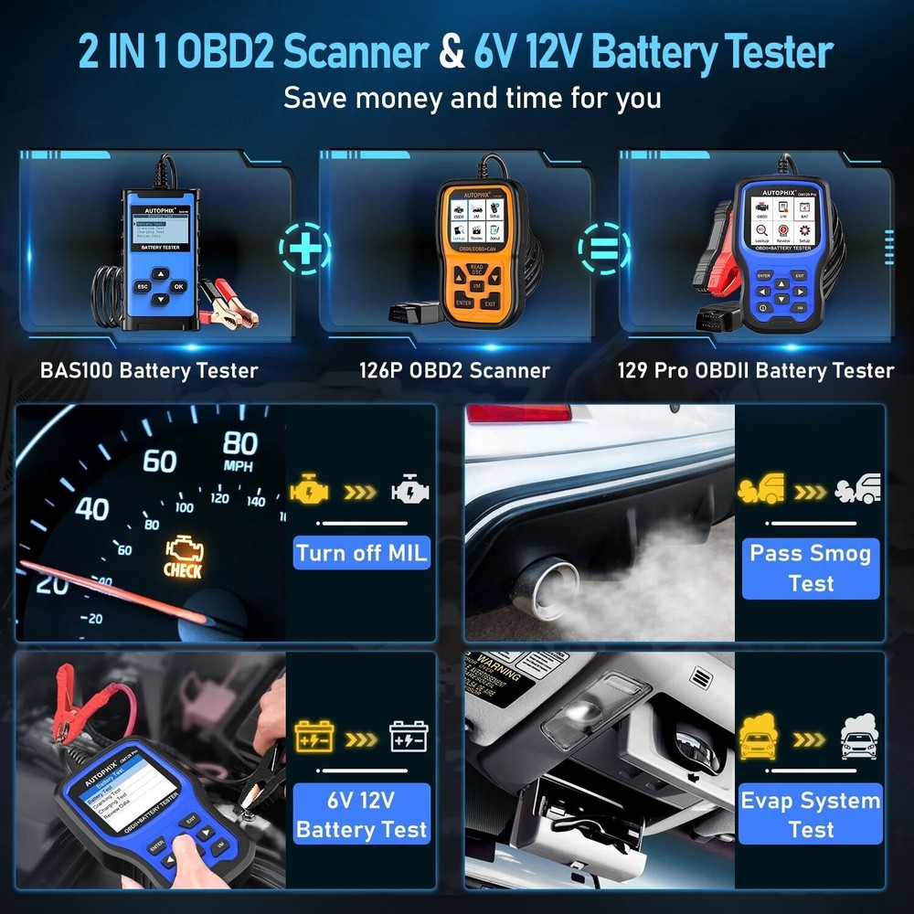 Autophix OM129 PRO OBD2 Scanner Code Reader 6V 12V Automotive Battery Load Test