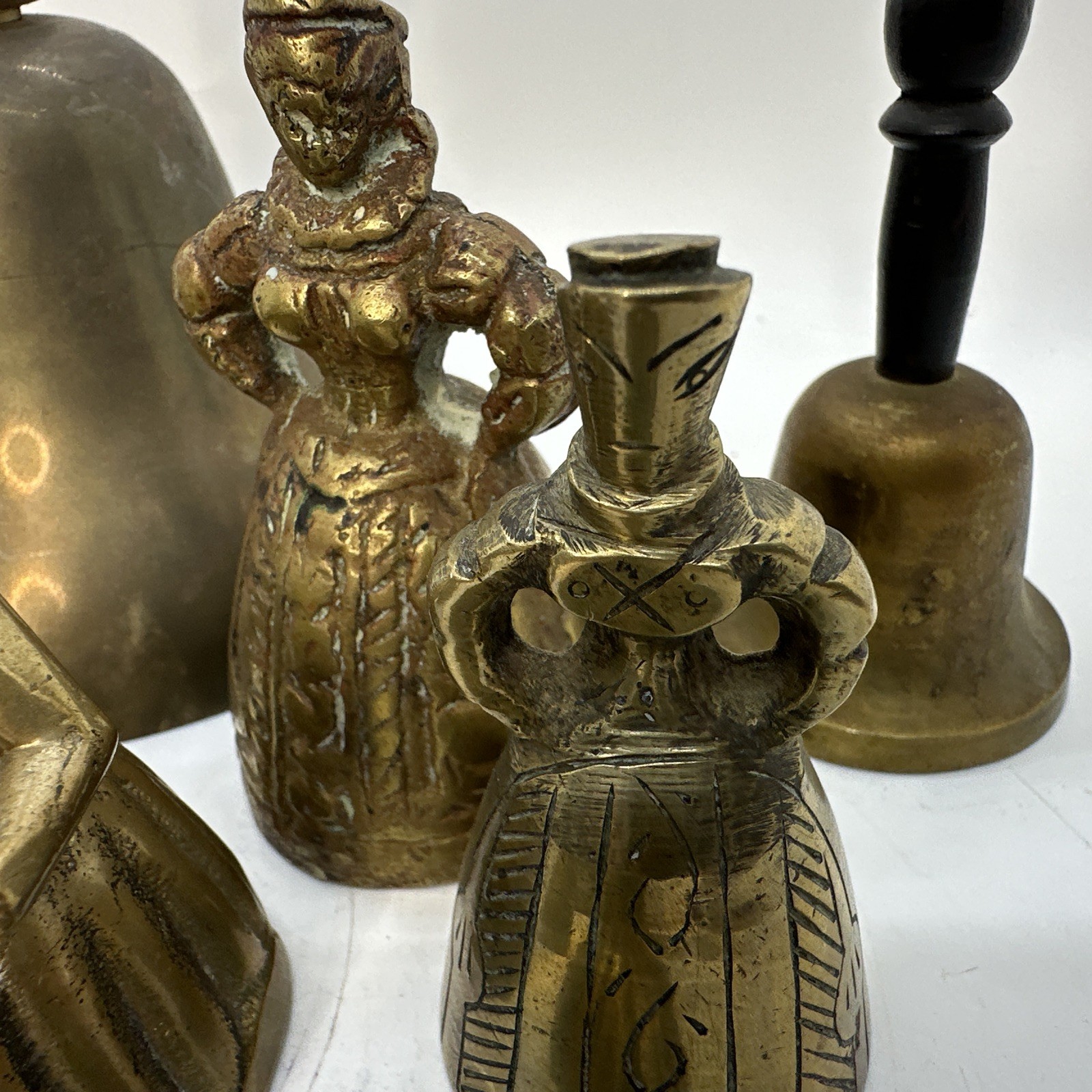 Lot of 11 Vintage Antique Hand Bell Mixed Estate Etched Fish Brass Lady Woman