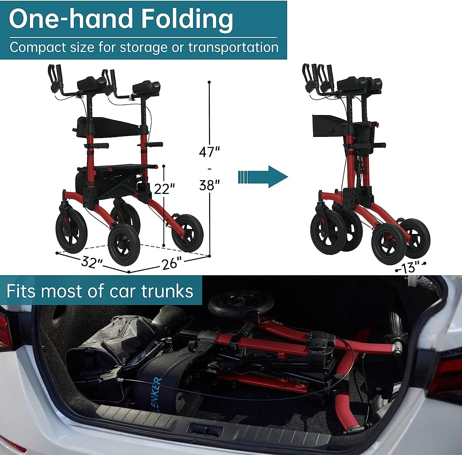 2024 ELENKER All-Terrain Upright Walker, Stand up Rolling Walker with Seat RED