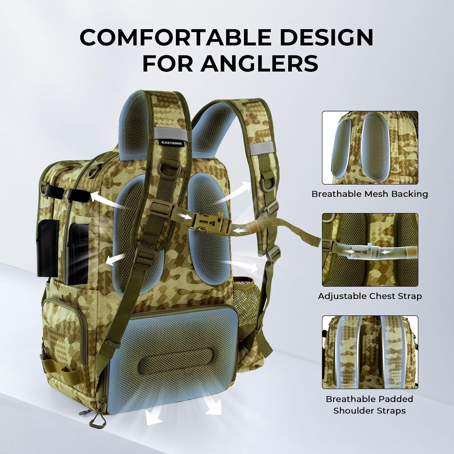 KastKing 50L Tackle Backpack Fishing Gear W/ 4 Boxes Bait Binder Rod Holders