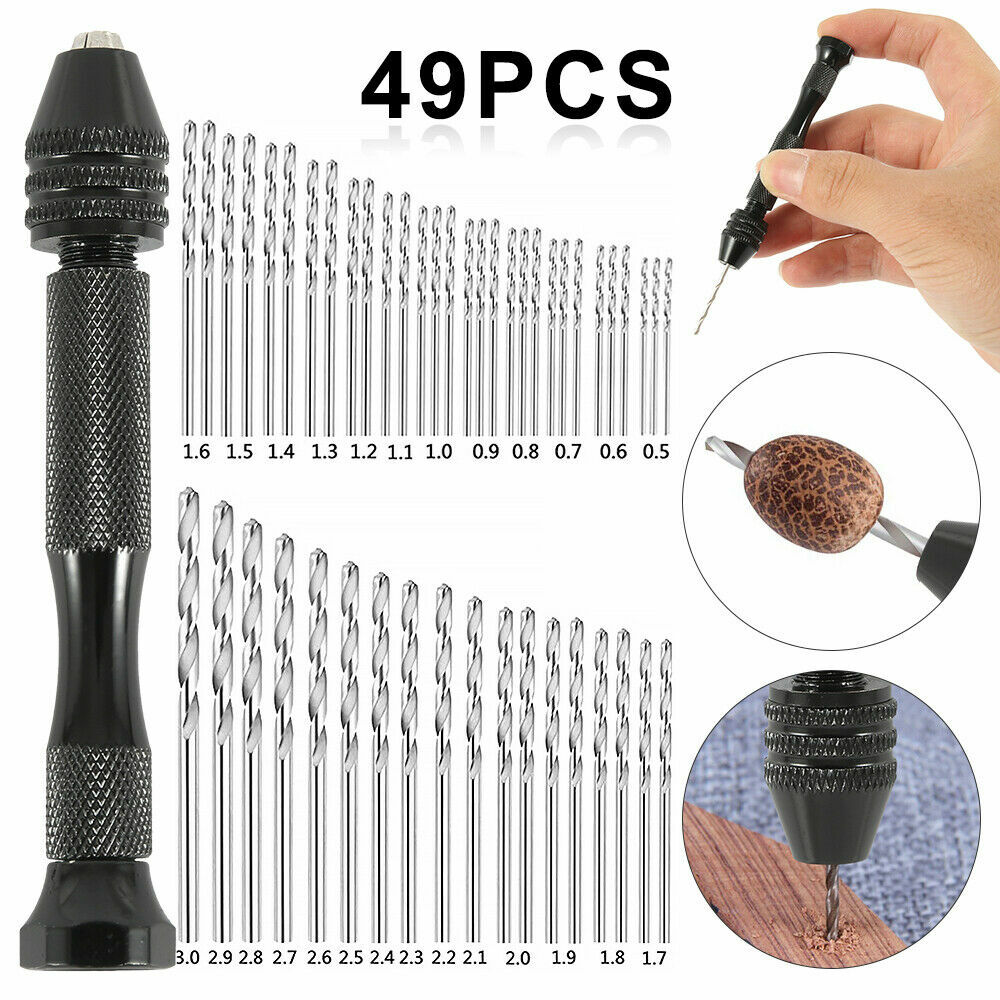 49X Mini Micro Hand Drill Bits Set Manual drill pin vise chuck DIY Tool Set