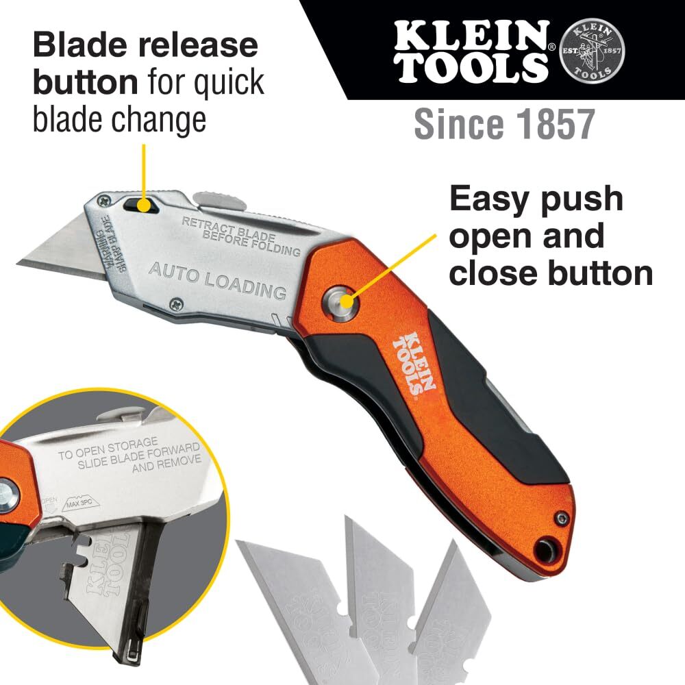 Klein Tools Auto Loading Folding Retractable Utility Knife with Razor Blade
