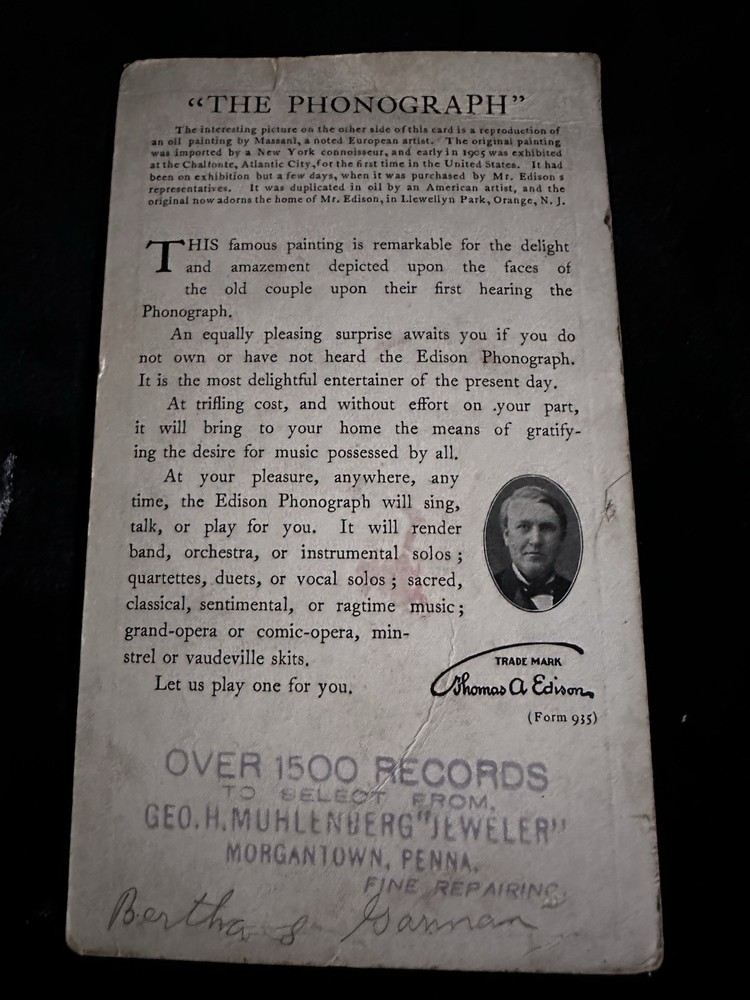THOMAS EDISON PHONOGRAPH TRADE CARD, CIRCA