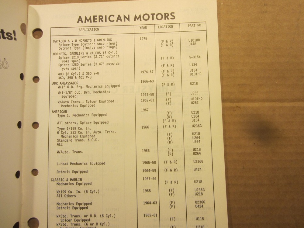 1975 Excel automotive universal joint catalog