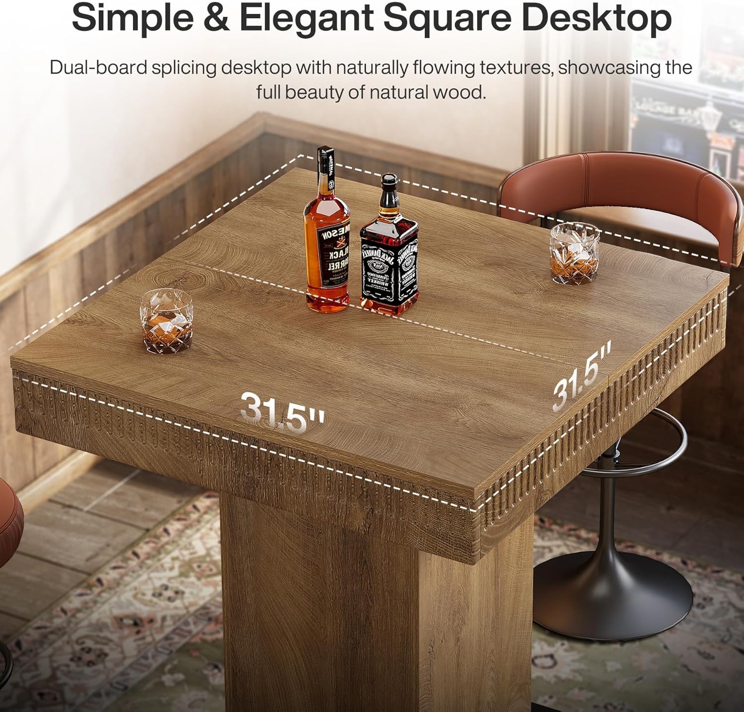 Industrial Bar Table, 37.4" Square Wooden Bistro Pub Table with Metal Footrest