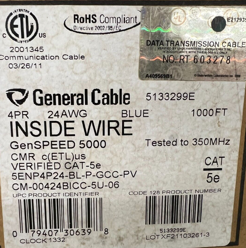 GENSPEED 5000 5133299E STANDARD CAT 5E NONPLENUM CABLE BLUE 400FT BOX