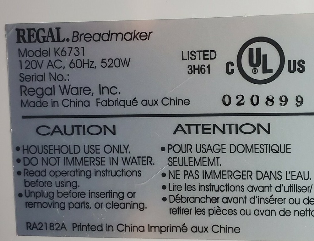 Regal Kitchen Breadmaker Machine Replacement Lid for Model K6731 Bread Maker