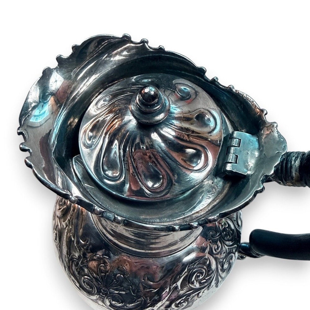 Antique Silverplate Hinged Lid Pitcher, Ornate Victorian Style, Black Handle