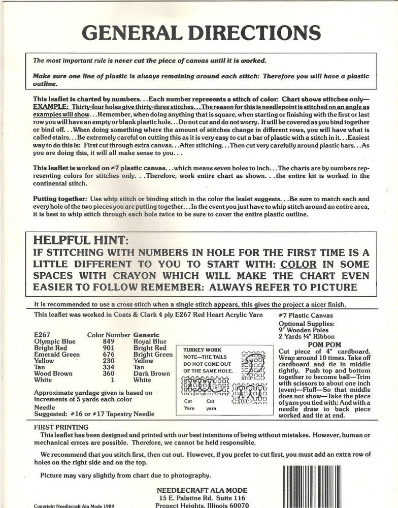 NEEDLECRAFT ALA MODE PLASTIC CANVAS SNOWY BEARS PATTERN LEAFLET 108 ©1989