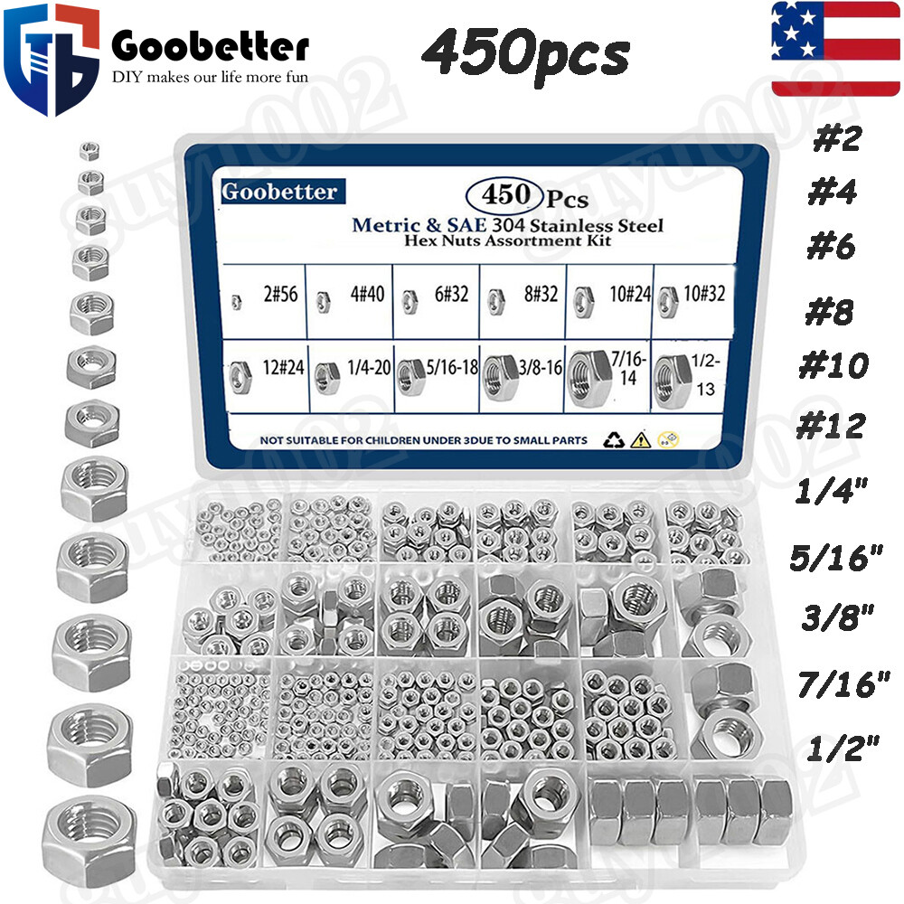 450pcs Assorted Stainless Steel Hex Nuts Assortment Kit  SAE 2# - 1/2" Hex Nut