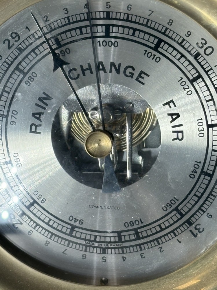 German Compensated Barometer Wall Mount Brass Case mounted on stand, As-Is