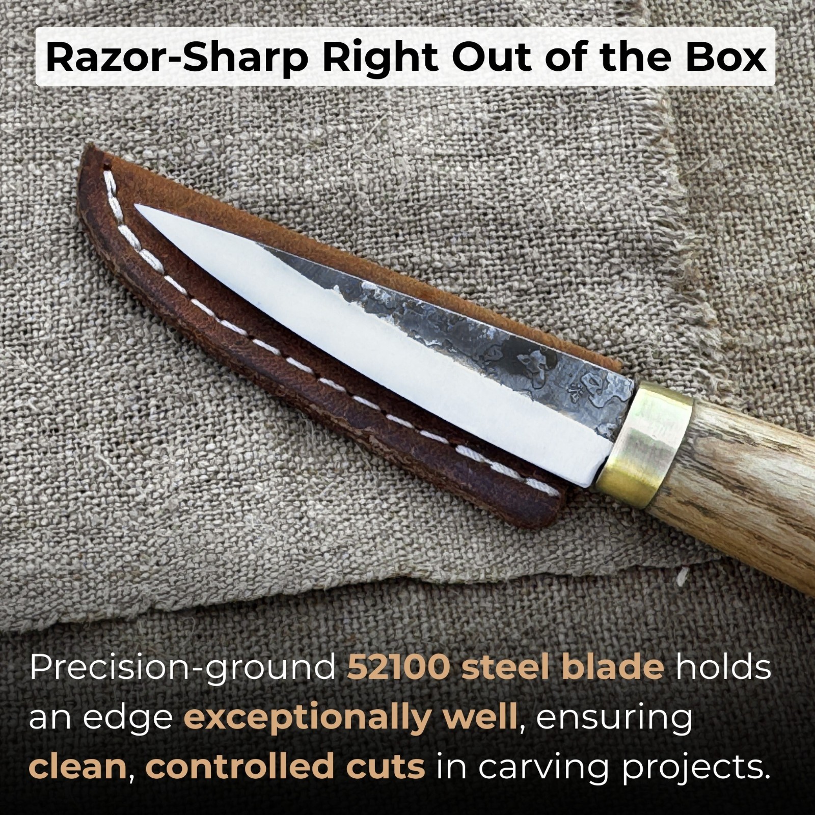 6'' Wood Carving Sloyd Knife 52100 Carbon Steel, Ash Handle, Leather Sheath