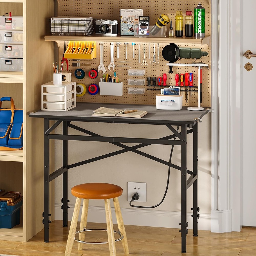 Small Adjustable Height Workbench，Iron Workbench W/ Power Strip 3 Outlets USB