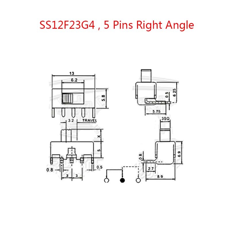 Microswitch 5 Pins Right Angle PCB Panel Horizontal Slide Switch 5mm Terminal