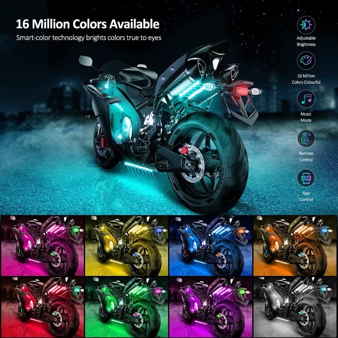 16PCS Motorcycle RGB LED Strip Light Under Glow Neon Kit Bluetooth APP Control