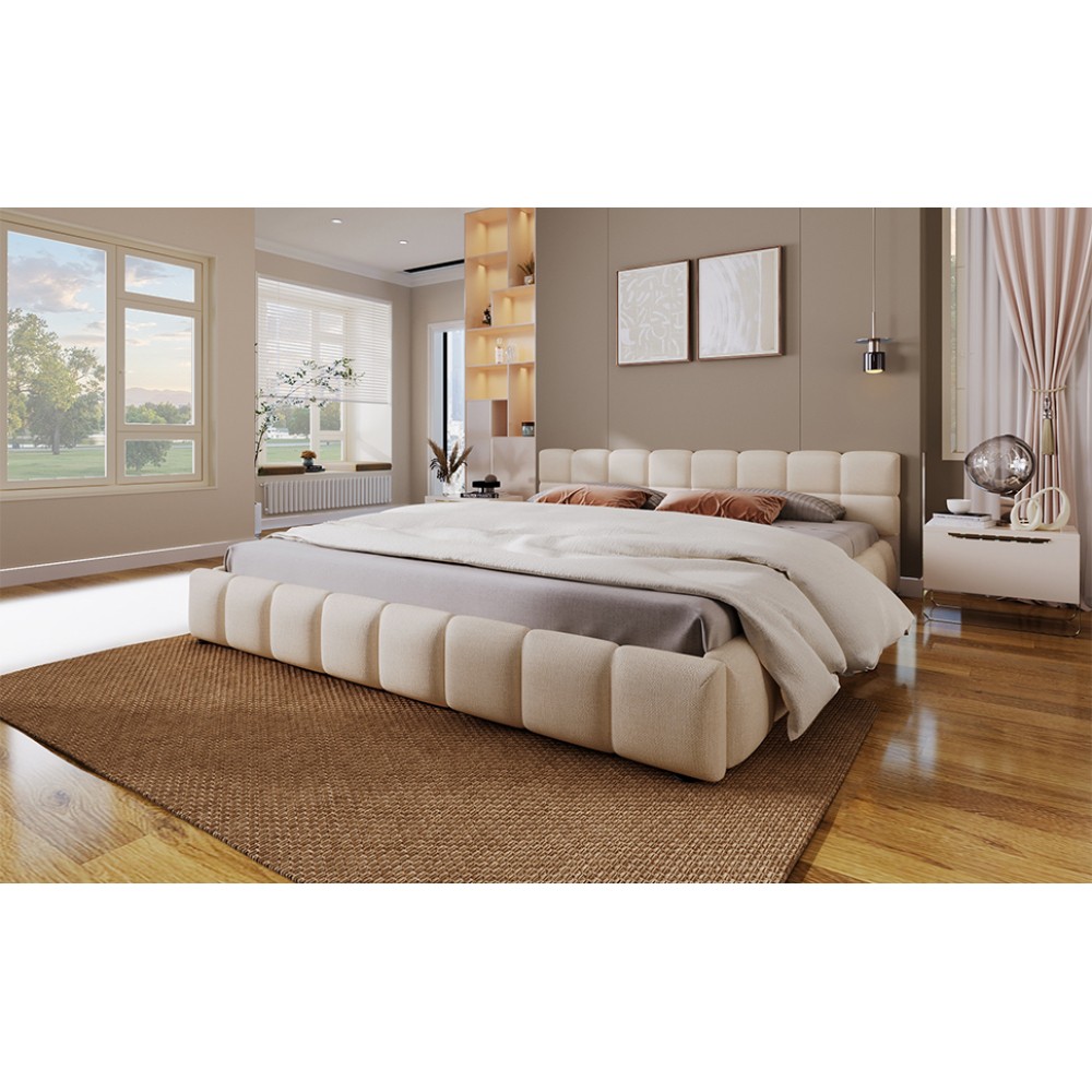 King Size Chenille Upholstered Bed w/ Checkerboard Headboard, Beige