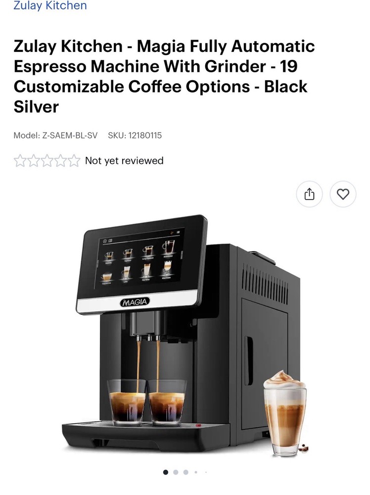 Zulay Kitchen Magia Automatic Espresso Machine Grinder Black Silver